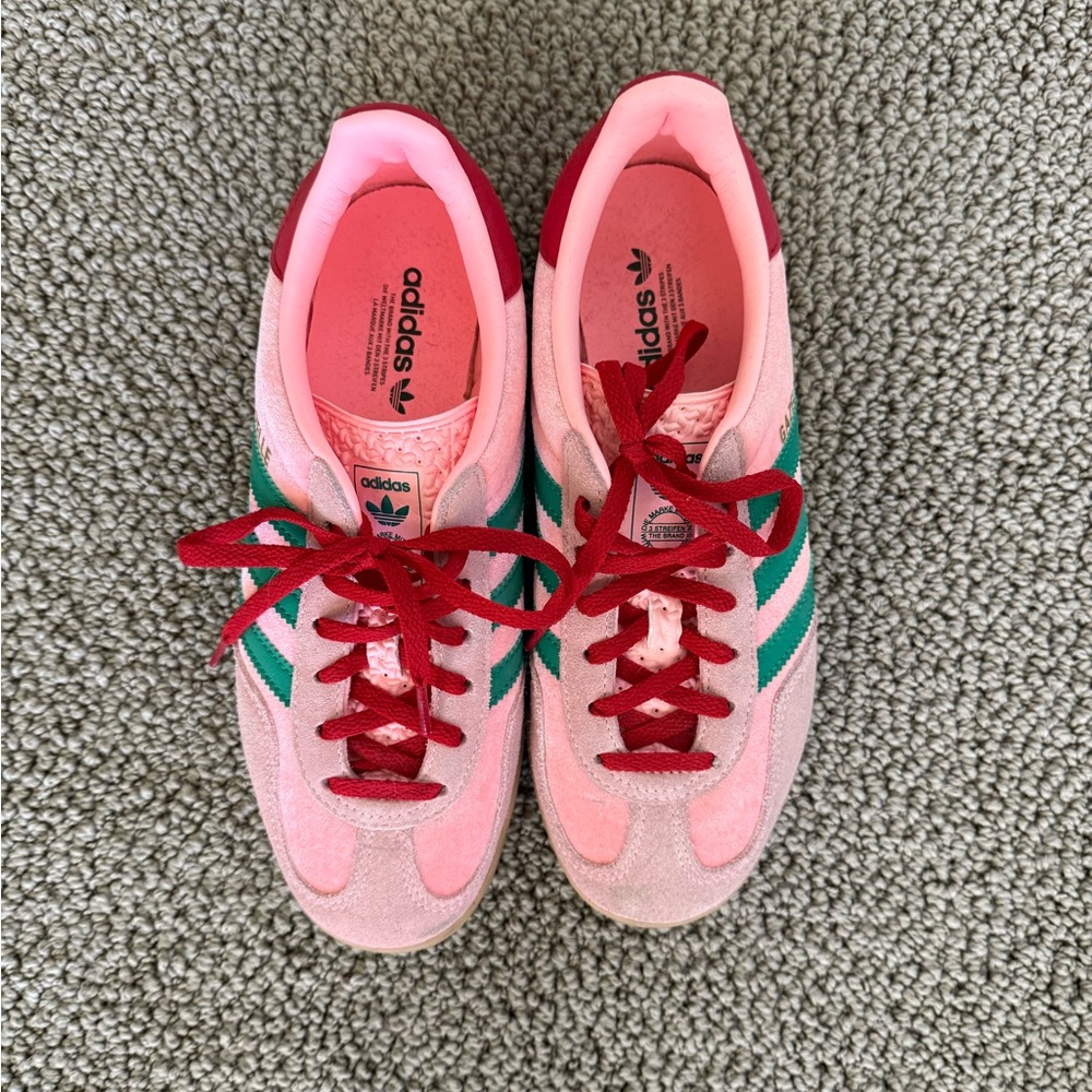 Adidas Pink Sneakers with Green Stripes and Red Laces